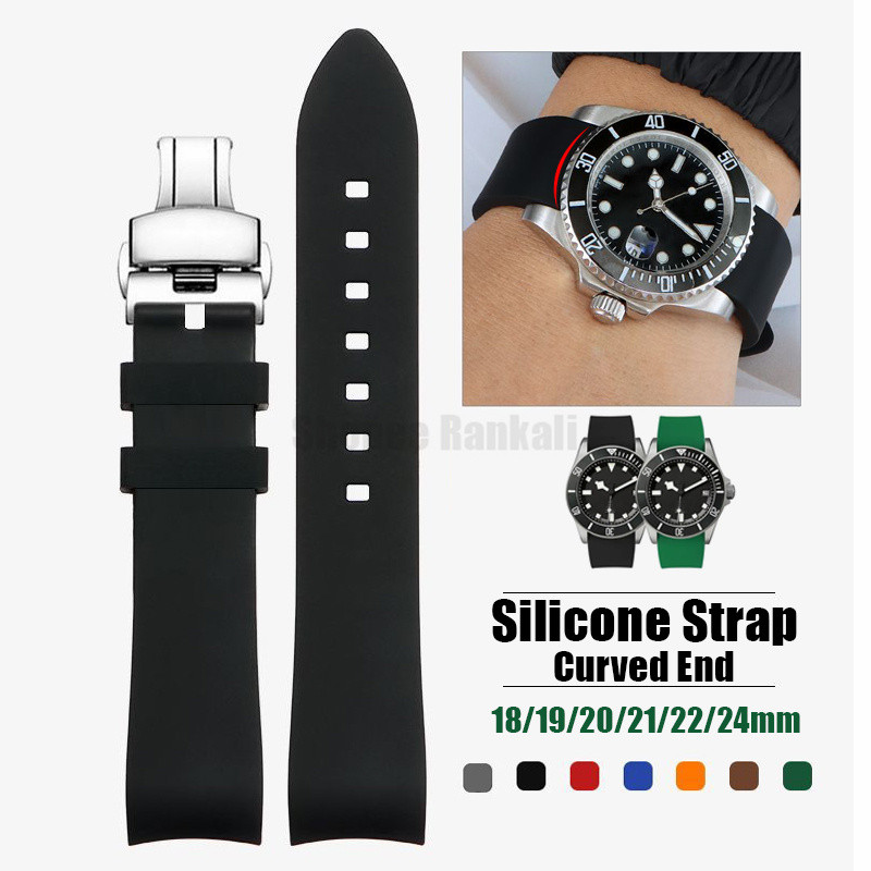 Dây đeo đồng hồ silicon cong đa năng 18mm 19mm 20mm 21mm 22mm 24mm Khóa bướm cao su Dây đeo đồng hồ 