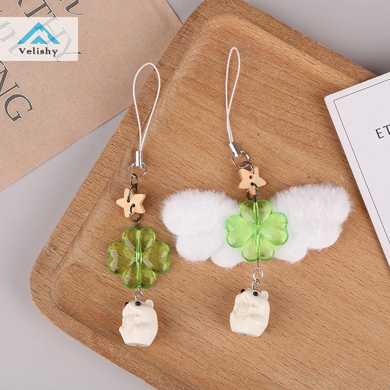 Velishy Xanh May Mắn Bốn Lá Cỏ Ba Lá Bay Marmot Hamster Móc Khóa May Mắn Cỏ Ba Lá Điện Thoại Dây Chu