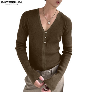  Incerun Nam Hàn Quốc Áo thun dài tay cổ chữ V sâu màu trơn 