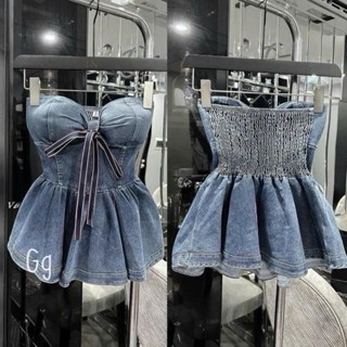 Áo ống jean xòe nhẹ , sau lưng nhúm nhúm , cột dây nơ ngực cực hot hàng dày đẹp y hình ạ alohashop91