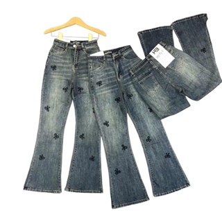  89 90cm  Quần Jean Nữ Ống Loe Trơn Thêu Nơ   Đủ Size S M L 6098 