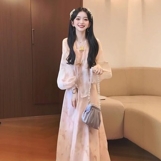  Set áo sơ mi voan hoa dài tay bồng cổ V cài cúc dây áo 2 dây và chân váy dài kiểu Trung Quốc mới 