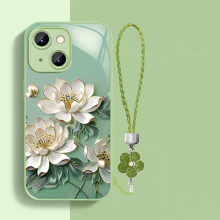 Vỏ thích hợp cho iPhone 6 / 7 / 8 / X / XR / XSMax / 11 / 12 / 13 / 14plus / 15 / 16 Pro Max, Hộp bảo vệ điện thoại thủy tinh lỏng thời trang hoa sen may mắn, dây buộc điện thoại, chống sốc,