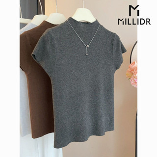 Áo thun ngắn tay đan len phong cách Hàn Quốc mới mùa xuân hè, ôm sát, cổ cao, màu sắc đồng nhất, phù hợp cho người đi làm, giảm cân, đa năng