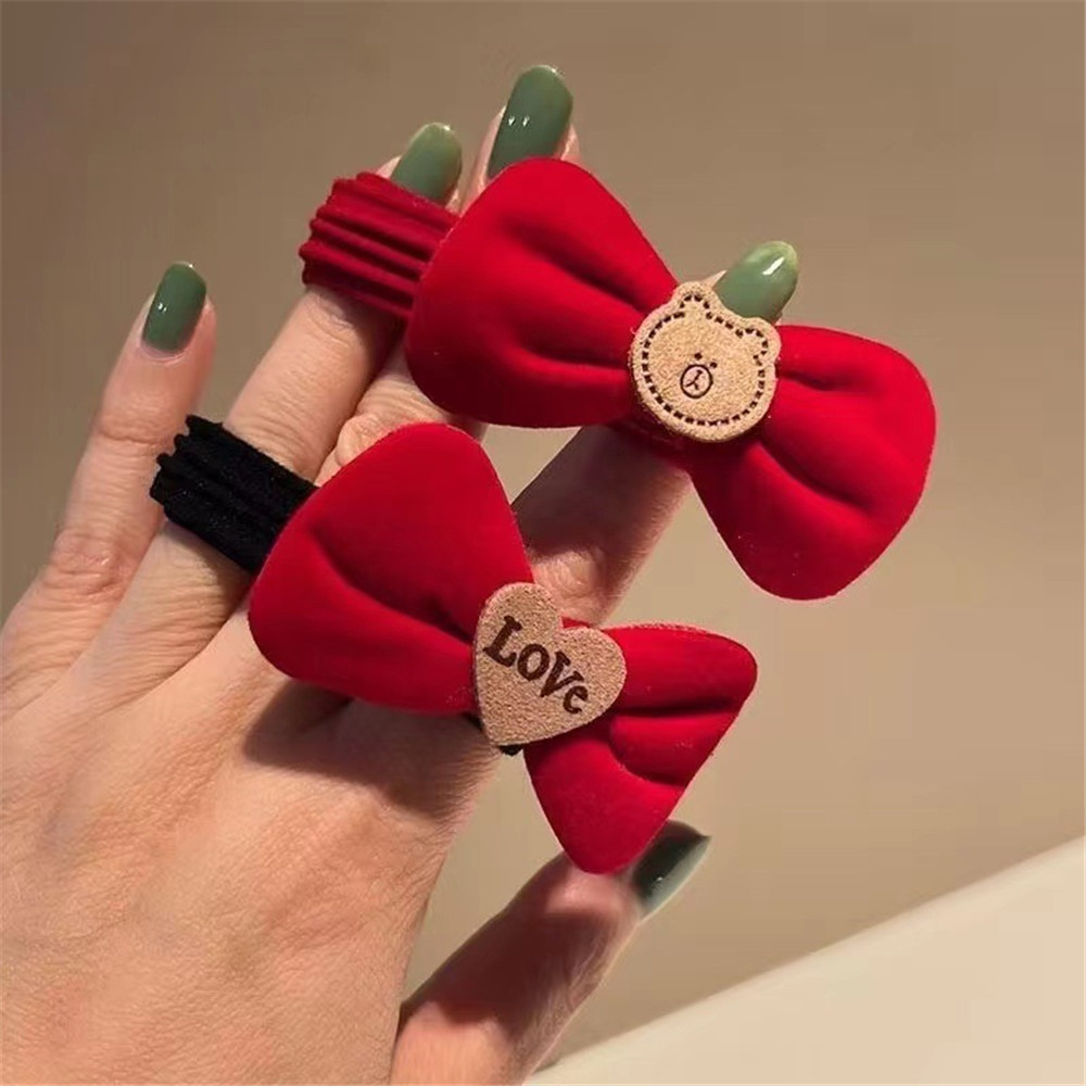 Set 2 Dây Buộc Tóc Nơ Nhung Đỏ Đính Gấu/ Trái Tim Xinh Xắn Phụ Kiện Tóc Empoli