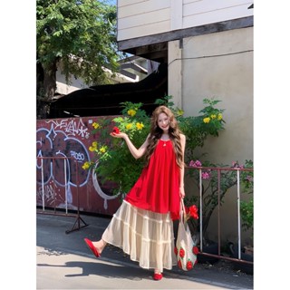 Set Áo Yếm Babydoll Đỏ Rộng Rãi, Chân Váy A-Line Dáng Dài Ghép Bèo Nhún Phong Cách Hàn Quốc Ngọt Ngào