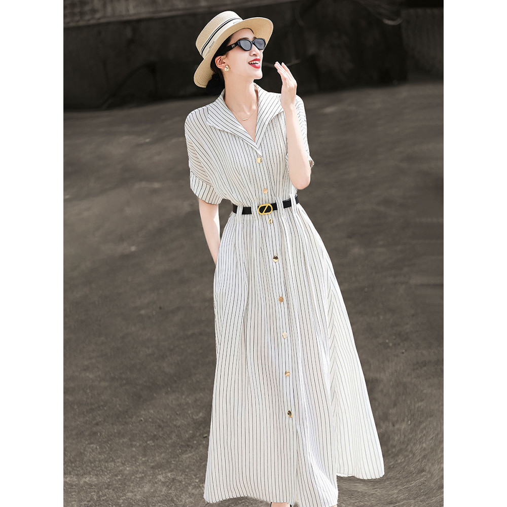 MXECCO Áo sơ mi công sở thanh lịch mùa hè với thiết kế sọc và nút thắt lưng