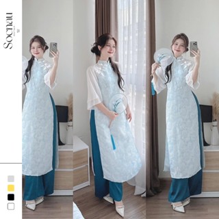 Áo Dài Cách Tân Thêu Hoa NH115 Set Đồ Nữ Cổ Tàu Phối Nơ Họa Tiết Hoa Dập Nổi
