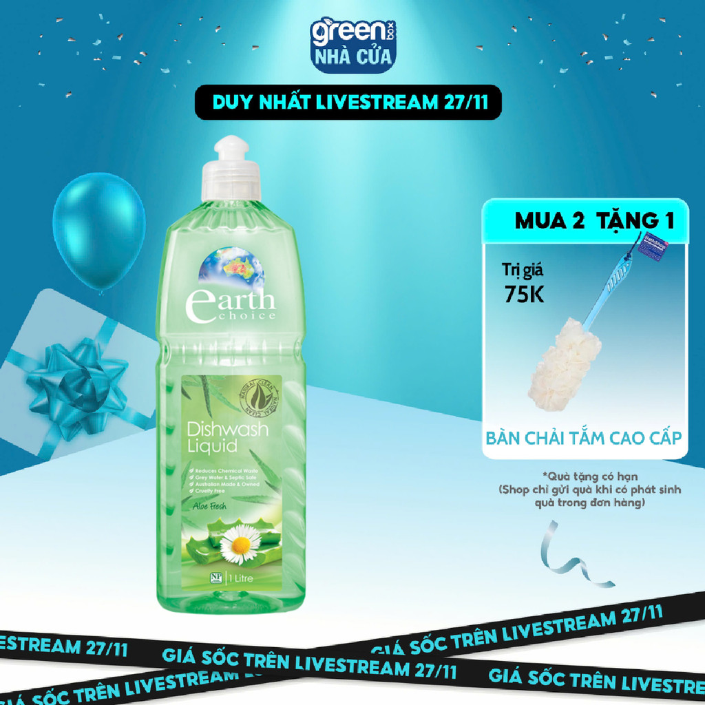 Nước Rửa Chén Earth Choice An Toàn Với Cả Đồ Dùng Ăn Uống Của Bé, Không Khô Da Tay Chiết Xuất Nha Đam Dung Tích 1L