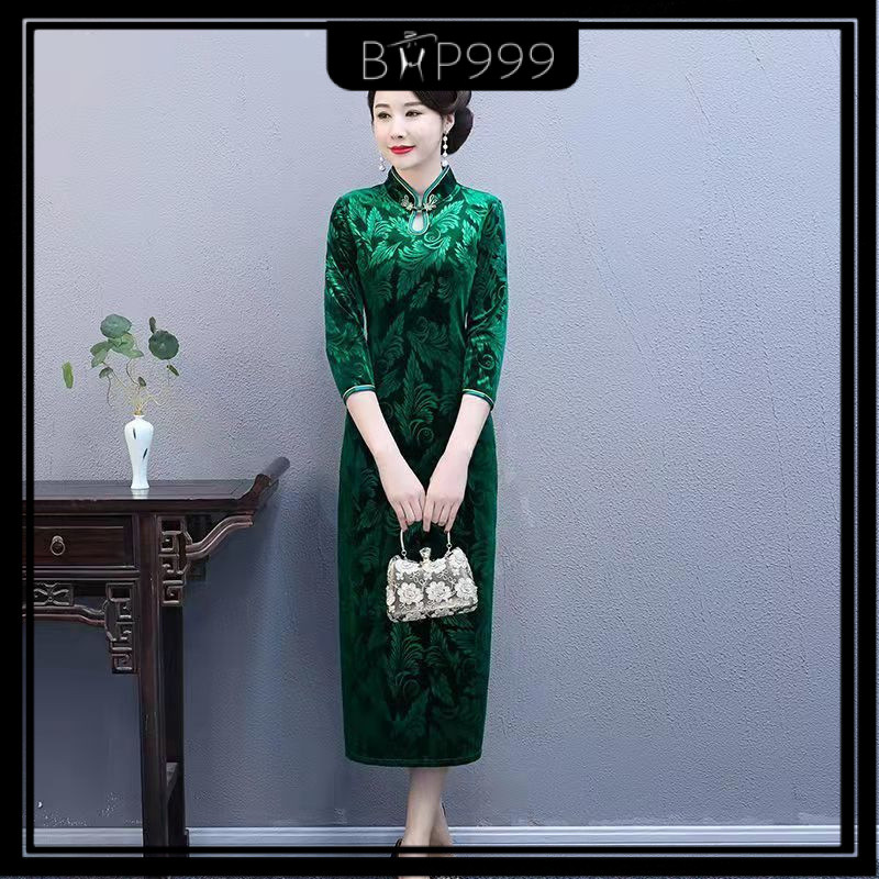 Sườn xám cổ đứng sườn xám cổ điển cho mẹ Váy Nhung vàng cho phụ nữ trung niên và cao tuổi xuân thu V