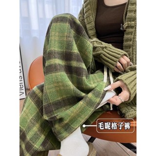 Quần kẻ sọc Len Cổ Điển màu xanh lá quần ống rộng thường ngày ống đứng cạp cao kiểu mới lót nhung dày dặn cho nữ