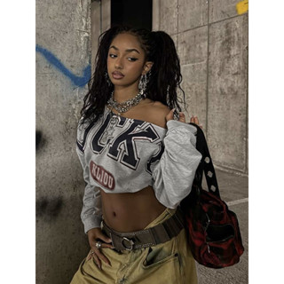 Kliou Xiên Cổ Áo Crop Top Nữ In Chữ Full Tay 2025 Xu Hướng Mùa Xuân Dạo Phố Thường Ngày Y2K Hoang Dã Cơ Bản Gợi Cảm Tee