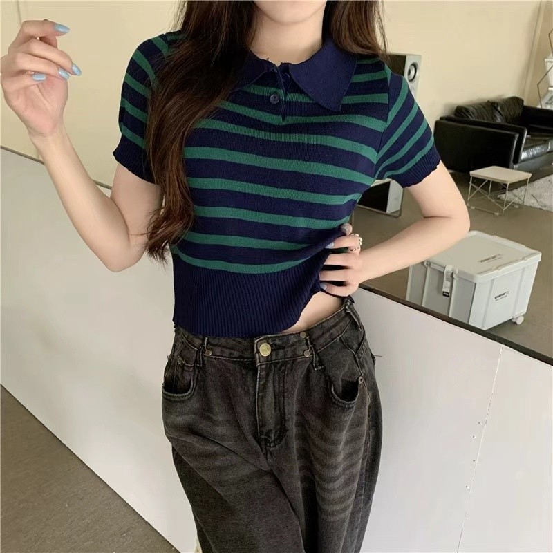 Áo sơ mi đan mới mùa hè, cổ bẻ sọc, tay ngắn, mặc đi làm, Wear Me Oh Daxi 8TAG