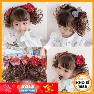 Cặp Tóc Giả Xoăn Đính Nơ Xinh Xắn Cho Bé Gái, Kẹp Tóc Trẻ Em, Phụ Kiện Tóc, Kẹp Tóc Diện Tết E2113