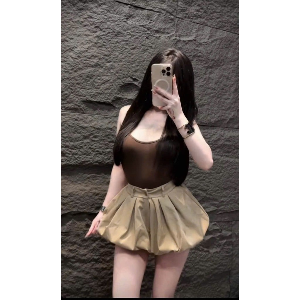 Set áo thun bodysuit 3 lỗ nâu mix quần boom xếp ly basic có quần bảo hộ