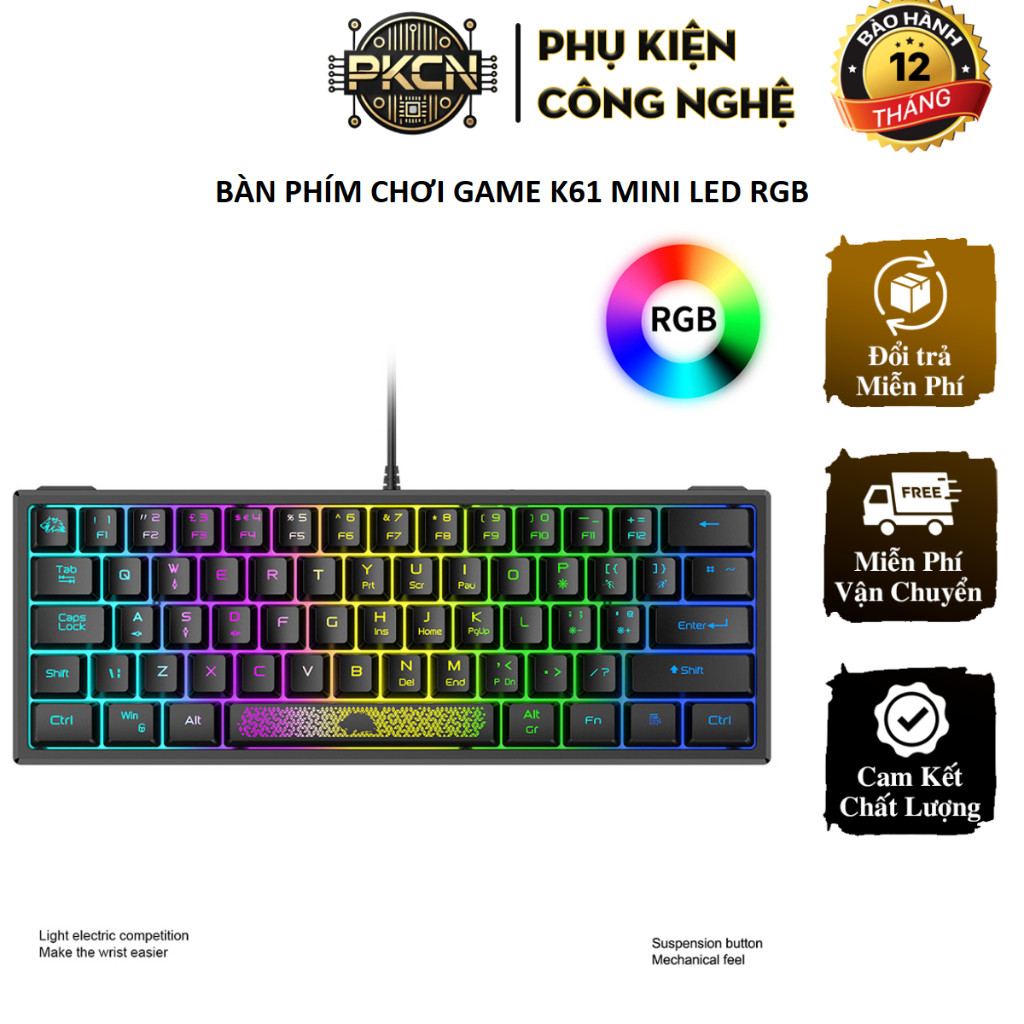 Bàn Phím Chơi Game K61 Mini LED RGB - Keycap Đen Trắng, Nhỏ Gọn, Đa Năng Cho PC/Mac