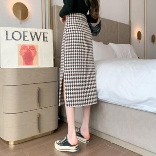 Váy Houndstooth Nữ Dệt Thu Đông Phong Cách Đơn Giản Tất Cả Trận Đấu Cao Cấp Ôm Hơn Nhìn Giữa Chiều Dài Len Thẳng Bên Sli