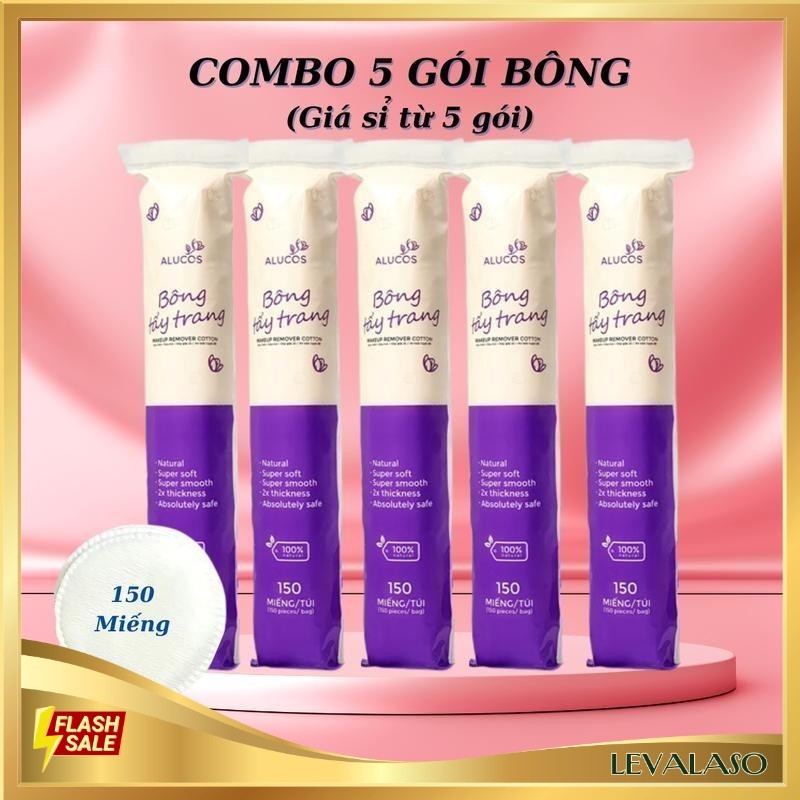 Bông Tẩy Trang Alucos 150 Miếng Tròn Combo 5 Gói Dụng Cụ Chăm Dóc Da Mặt-BTT03 miếng to dày dặn sạch