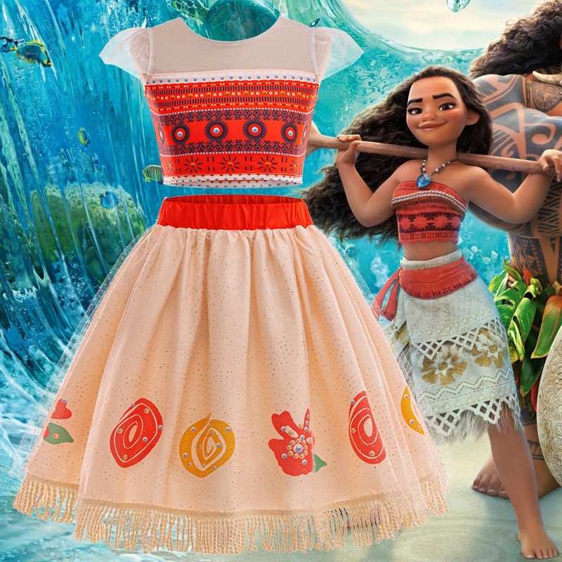 Mới Moana Tay Ngắn Đầm Cho Bé Gái Cosplay Moana Đầm Công Chúa Halloween Carnival Đảng Hai Mảnh Bộ Tr