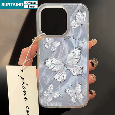 Suntaiho Dreamy và thanh lịch Họa tiết bướm bạc thời trang Vỏ điện thoại trong suốt mờ mềm chống sốc cho iPhone 11 12 13 14 15 16 Pro Max IP 7 8 Plus Iphon X Xs XR Xs Max
