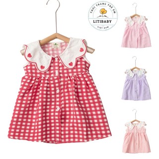 🎀 Váy Caro Cổ Lá Tim Bé Gái LITIBABY – Đũi Mát, Siêu Xinh Cho Bé 6M–36M 🎀