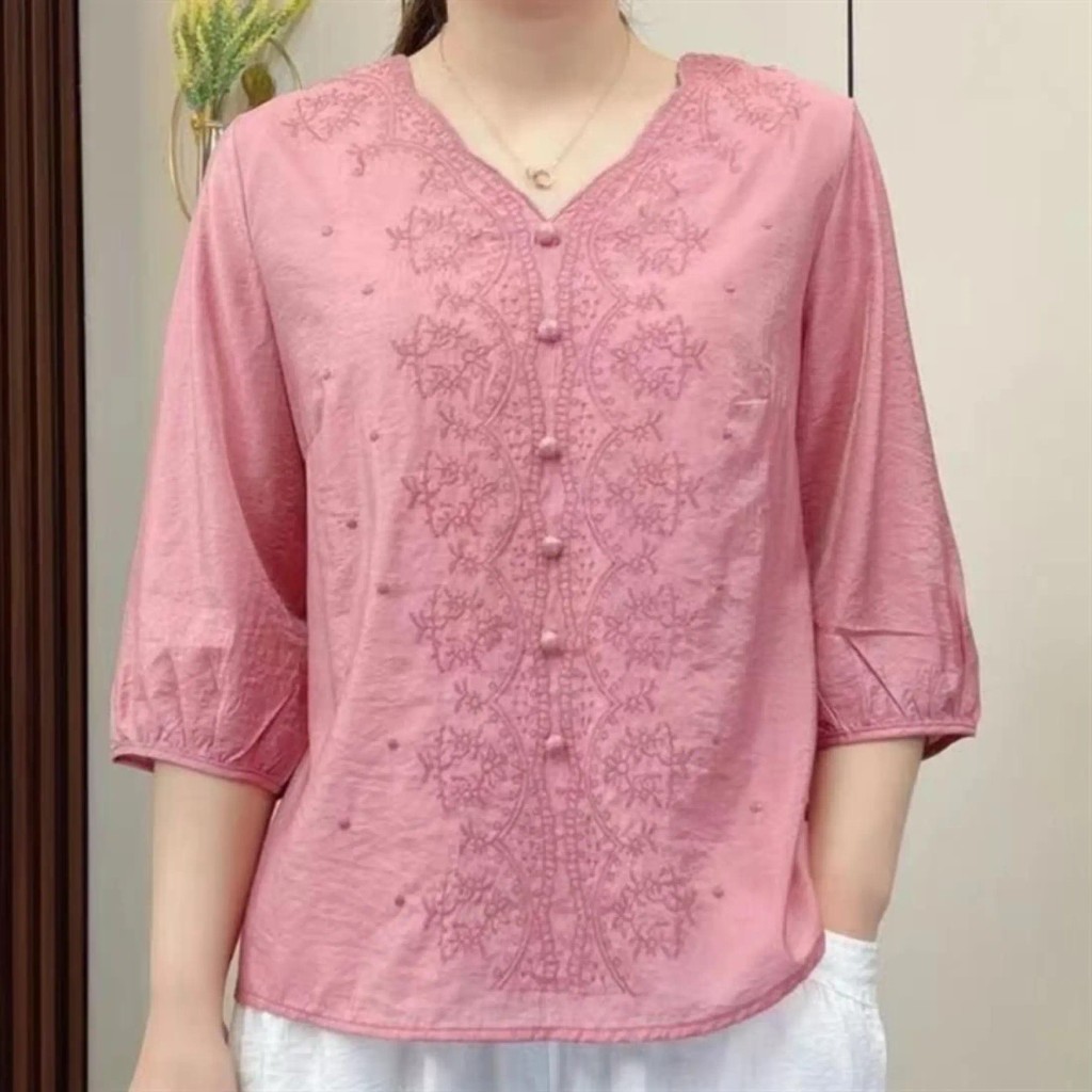 Áo sơ mi nữ KRECOO Ruidian cotton vải lanh thêu họa tiết vintage thanh lịch thời trang mùa hè oversi