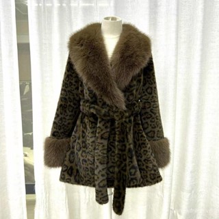 Áo khoác họa tiết da báo thu đông áo khoác dày dặn cổ lông Áo khoác lông ấm áp dáng dài vừa nữ