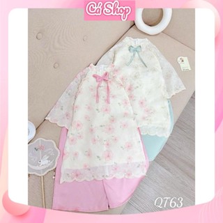 Set áo dài tết QT63, Set áo dài cách tân hoa phối ren 2 lớp cổ nơ quần lụa cho bé gái