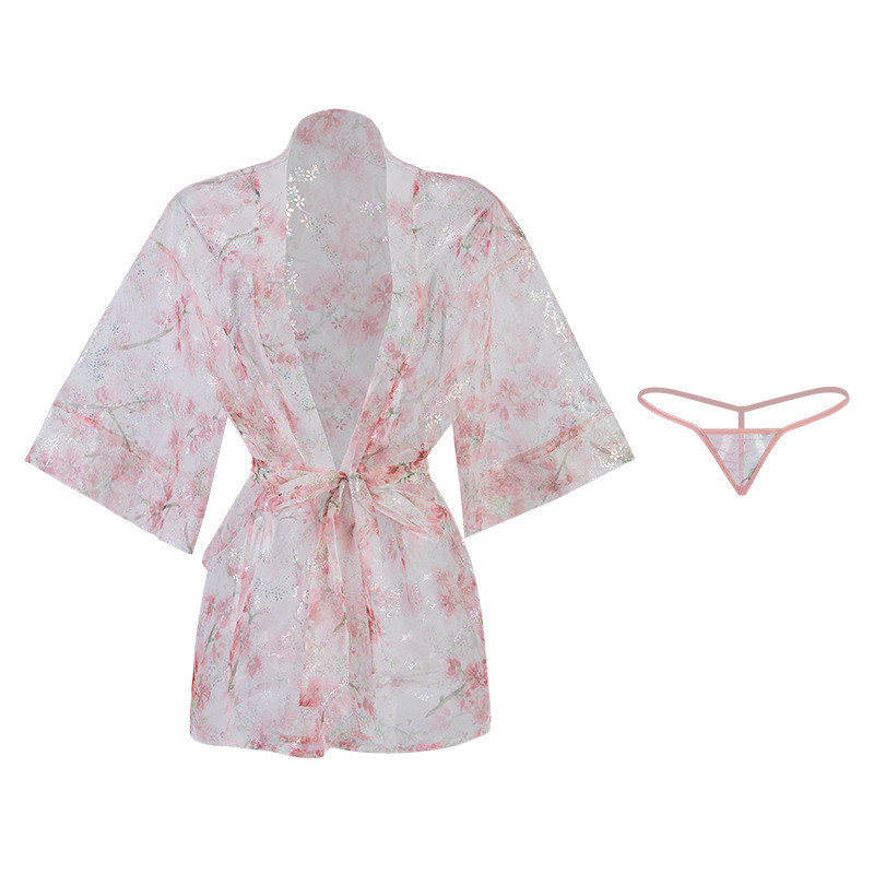 Đồ lót sexy, áo cardigan sâu V không vai, áo choàng kimono in lá vàng trong suốt | BigBuy360 - bigbuy360.vn
