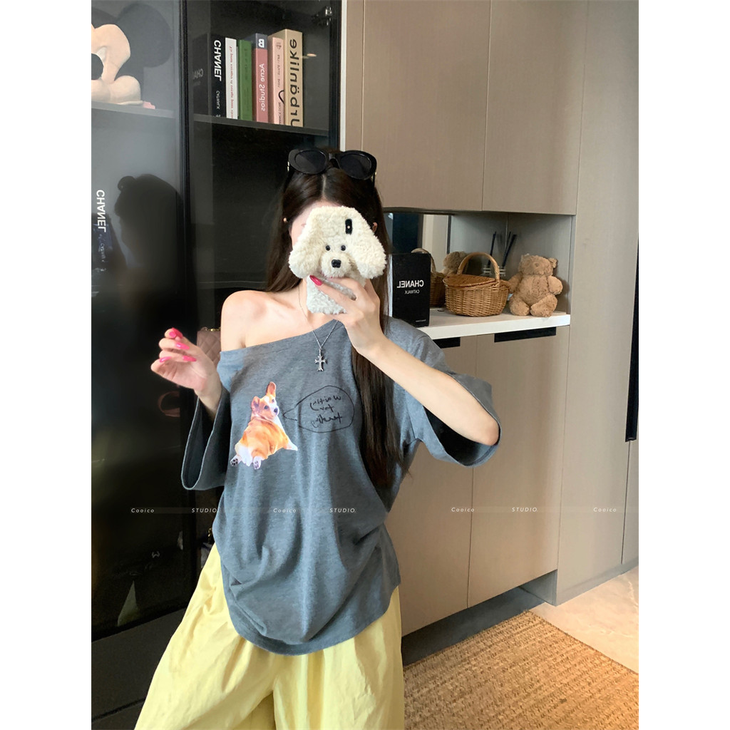 【Sinbounboun】Quần áo nữ mùa hè phong cách Hàn Quốc dáng rộng Áo thun ngắn tay in hình chó con màu xám giản dị | BigBuy360 - bigbuy360.vn