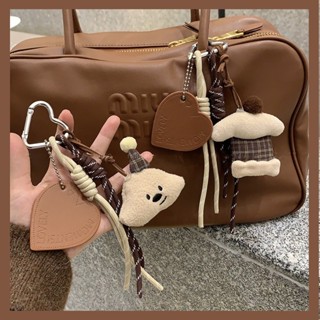 Móc Khóa Plushie Checkered Gấu Mặt Dây Chuyền Da Sang Trọng Dễ Thương Bánh Kem Leo Núi Khóa Dây Túi Quà Tặng Mặt Dây Chuyền