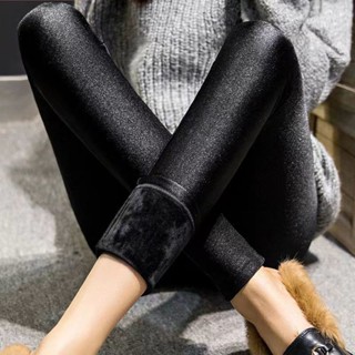 Quần bóng lông cừu-fleece Nữ bước chân Thu Đông Size Lớn Quần legging đen dày giữa @ -