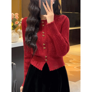  Suxiretro Cổ Tròn Thu Đông Mới Dài Tay Dệt Kim Cardigan Nữ Áo Len Ngắn 241204 