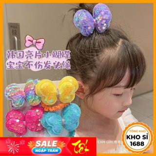 Dây buộc tóc cao su đính nơ sequin hình bướm kim sa lấp lánh dễ thương cho bé gái, chun buộc đuôi ngựa E1910