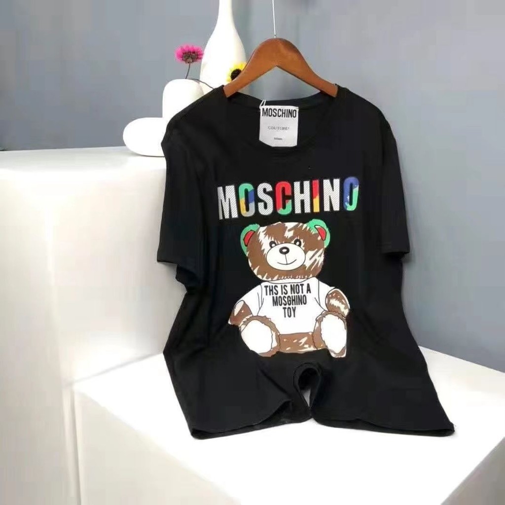 Moschino Nhiều Màu Sắc Chữ Graffiti Gấu Áo Thun Cotton Nguyên Chất Tay Ngắn Nam Nữ Cặp Đôi Rời