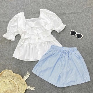 Set đồ bigsize 2 món  cho nàng chuppy áo kiểu bèo tay phồng che khuyết điểm phối quần đùi- SET SM36+Q537+Q500