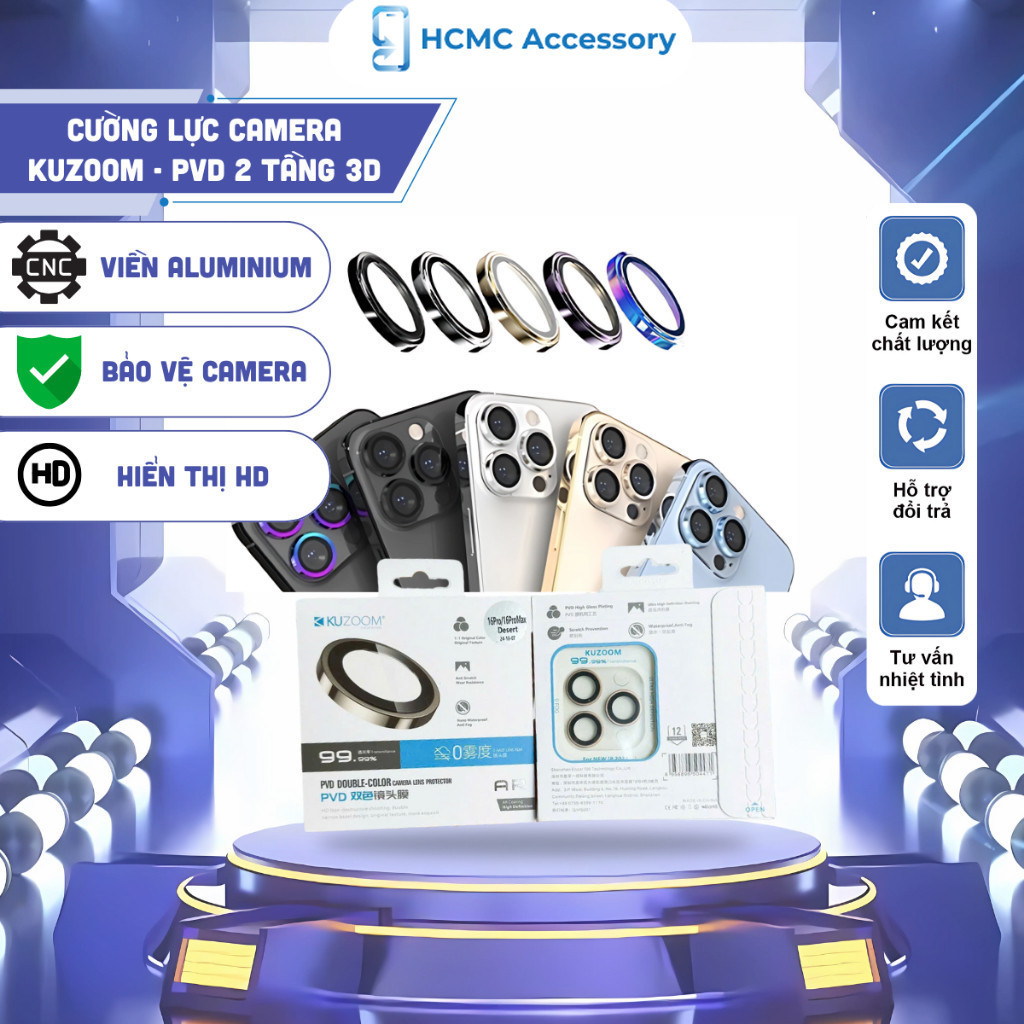 Cường lực dán bảo vệ Camera KUZOOM PVD 2 Tầng 3D CAO CẤP cho IPHONE 16 PRO MAX - Iphone 11 - iCaseDe