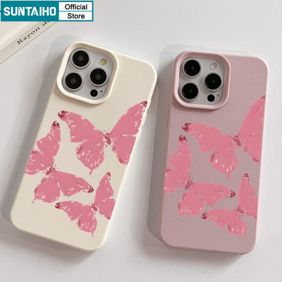 Suntaiho Thẩm Mỹ Thanh Lịch Vỏ Điện Thoại Họa Tiết Bướm Màu Hồng Cho Iphone 16 15 14 13 12 11 Pro Max IP 7 8 Plus Iphon X Xs XR Xs Max Silicon Mềm Cao Cấp Chống Sốc Ốp Lưng