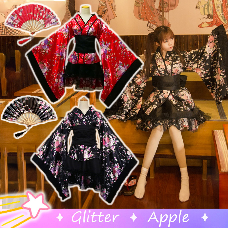 (Hỏa Tốc HCM) Trang Phục Kimono Cách Tân Nhật Bản/ Yukata Cách Tân Cho Nữ Đỏ Đen Sakura/ Trang Phục 