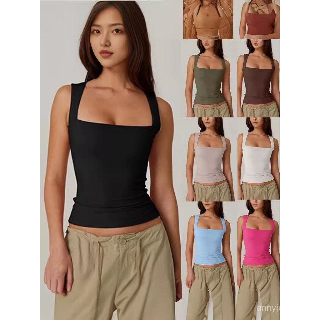 Áo thun bó sát cơ bản hai lớp không tay cổ vuông mới của phụ nữ