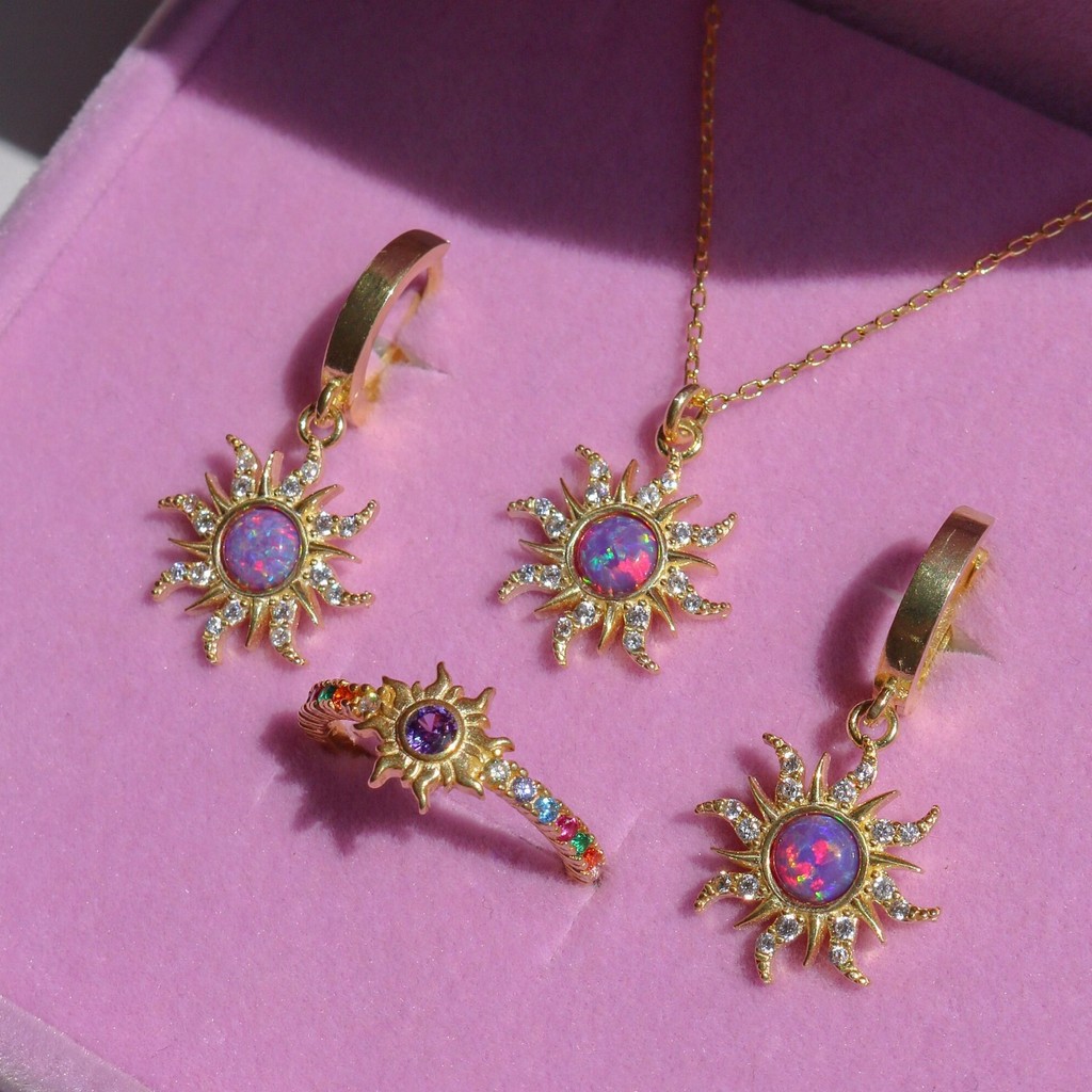 Opal Vintage Mặt Dây Chuyền Mặt Trời Vòng Cổ Opal Micro-Set Nhẫn Zircon