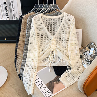 [MingHome] Áo len nữ dài tay cổ chữ V thời trang Áo ngắn có thể điều chỉnh dây rút,áo khoác ren lưới mỏng
