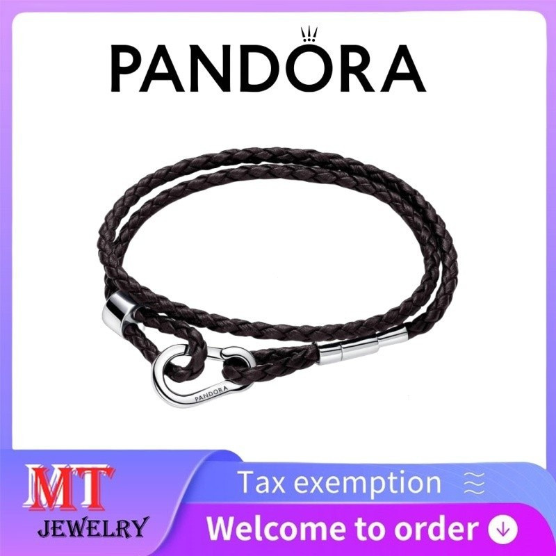 100% S925 Bạc Cặp Đôi Nữ Pandora Trang Sức DIY Pandora Moments Màu Nâu Bện Vòng Tay Da Đôi 593338C01
