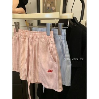 Ruidiandian 2025 Phong Cách Hồng Kông Mới Sọc Dây Rút Chữ Thêu Quần Short Chân Rộng Cho Nữ Rời Thường Ngày Nóng Quần