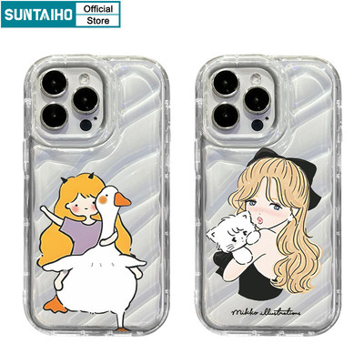 Suntaiho Phim hoạt hình dễ thương Cô gái và thú cưng Vỏ điện thoại trong suốt họa tiết Vỏ điện thoại TPU mềm chống sốc cho iPhone 11 12 13 14 15 16 Pro max IP 7 8 Plus Iphon X Xs XR Xs max