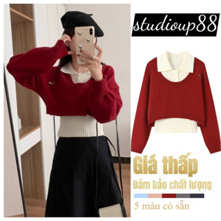   Ảnh+ Video Thật Áo len thu đông set 2 món thiết kế cổ sơ mi phối tay bồng hottrend 