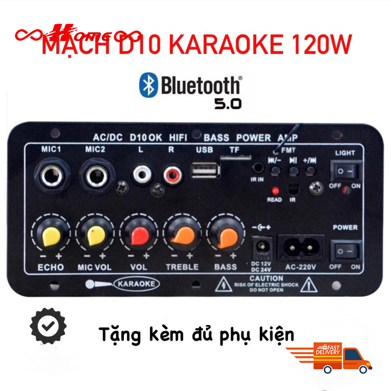 Mạch loa D10 Bluetooth 5.0 hát Karaoke công suất lớn 120w, 12V/24V/220V lắp loa kéo, chế loa