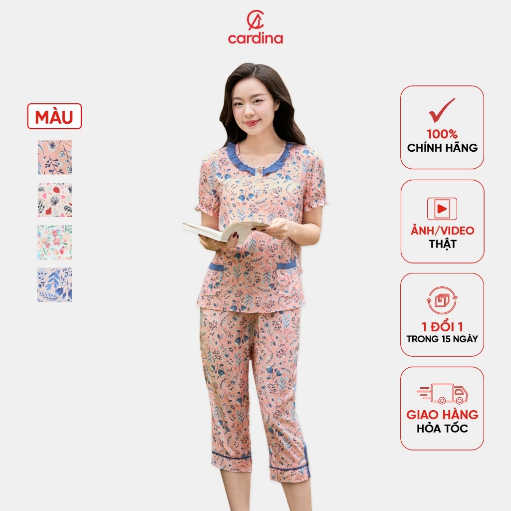 5BLL02 Bộ đồ nữ CARDINA chất lanh tay ngắn cổ bèo mặc nhà thoải mái