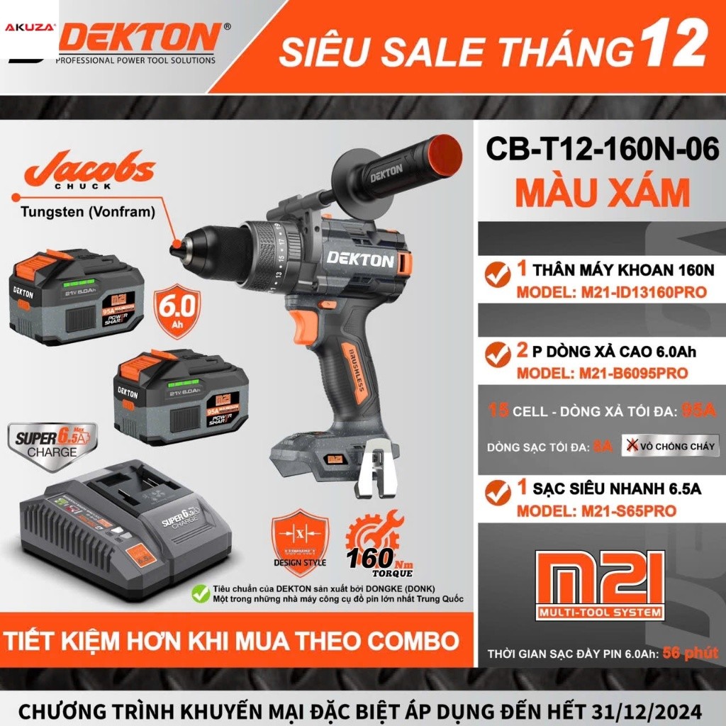 Máy khoan 13mm 3 chức năng 160Nm Dekton M21-ID13160pro - brushless - chính hãng GIÁ SỈ