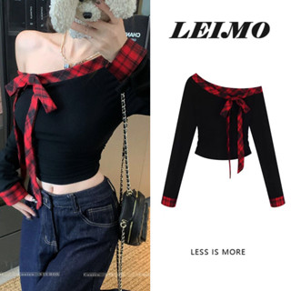  Áo thun tôn dáng dài tay trễ vai khâu kẻ caro mẫu mới thu đông 